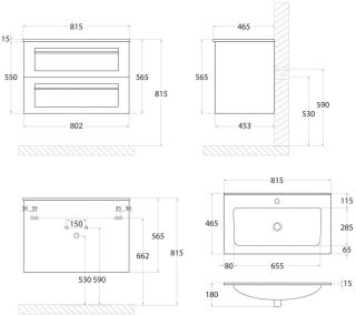Подвесная тумба под раковину Art&Max Platino 80см чёрный матовый AM-Platino-800-2C-SO-NM-Cer